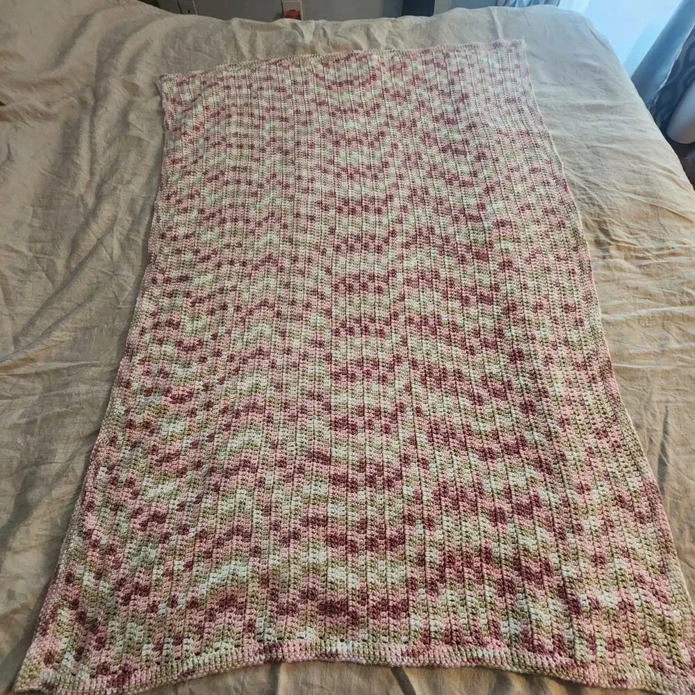 Handmade Crochet Pink and White Baby Throw Blanket 45 x 56